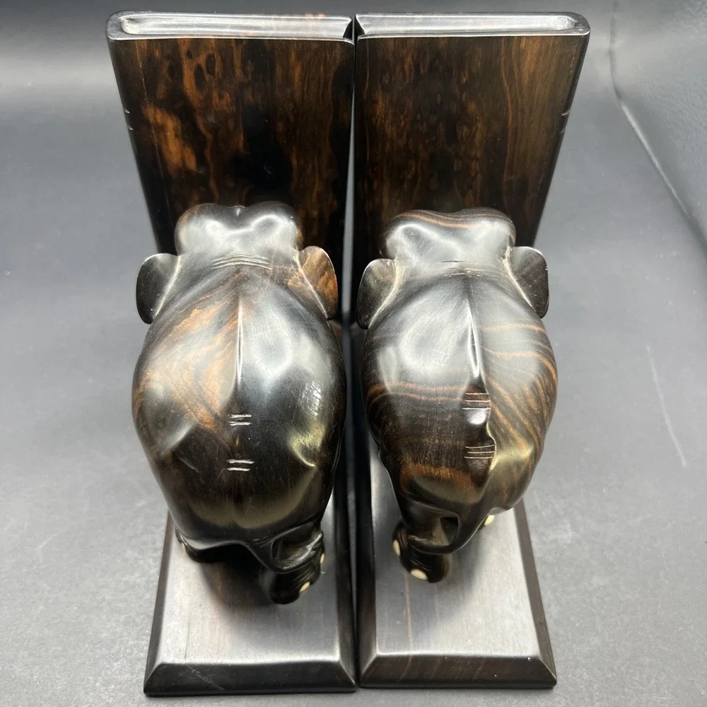 Vintage Hand Carved Nacassar Ebony Elephant Bookends Sliding Dovetail Pair Heavy